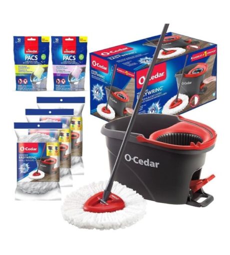 O-Cedar EasyWring Microfiber Spin Mop & Bucket Floor Cleaning System + 4 Extra Refills, Red/Gray