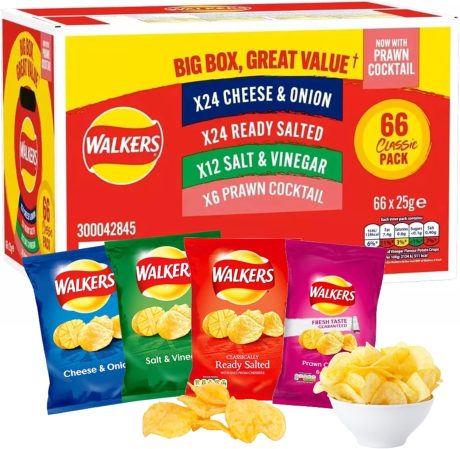 【March 1 – 30】Crisps Variety Box | Pack of 66 x 25g - Big Box | Cheese & Onion, Ready Salted, Salt & Vinegar, Prawn Cocktail