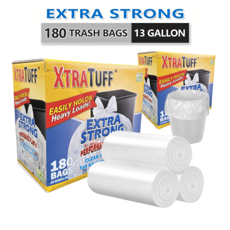 XtraTuff Trash Bags 13 Gallon Flap Ties Medium Garbage Bags White Trash Bag 180 Count