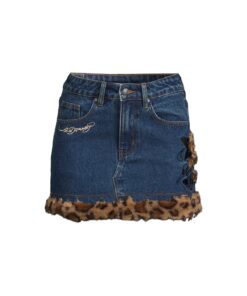 Leo Fur Trim Denim Mini Skirt
