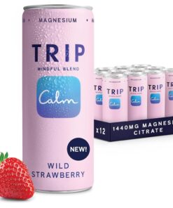 TRIP Wild Strawberry Sparkling Drink with 120MG calming Magnesium + Lion’s Mane + Chamomile + Lemon Balm. Low Calorie, No Added Sugar and Vegan (Pack of 12 x 250ml)